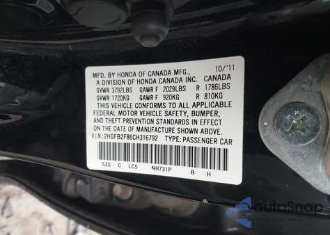 2012 Honda Civic Ex z USA, uszkodzony, nr VIN 2HGFB2F86CH316792